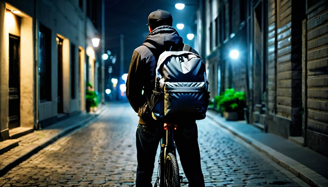 delivery man, backpack on his back, next to his bike, backpack on his back, dark street, dark night