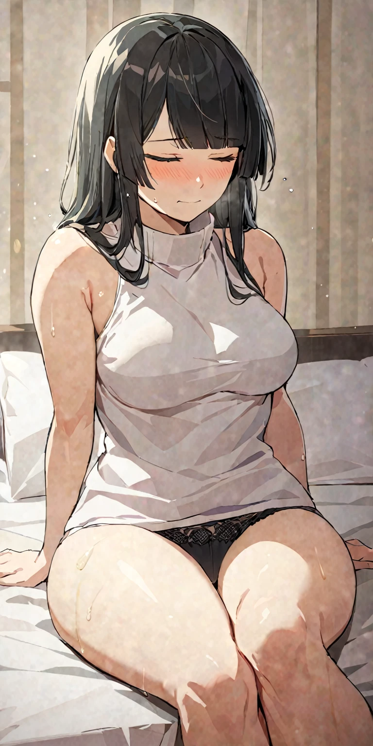 masterpiece,best quality, solo, eda, bangs, black hair, upper body, shy expression, medium , hot, thicc, she is in the bed, she was sitting , she was posing, closed mouth, she is horny,wants to squirt, she is blushing , she has bug thighs, shebis wearing sando, she has big thighs, she is squirting, closed eyes, leaning back, horny, masting, shhs, shows her underwear