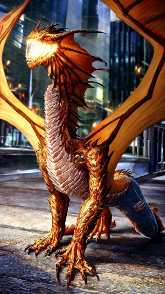 a beautiful girl with long brown hair, emma watson, ewt woman, transforming into a dragon, bone dragon, all fours, city street, t-shirt, jeans, clothes ripping, screaming in terror from the pain, photo-realistic, intricate details, dramatic lighting, dark fantasy, cinematic, highly detailed, 8k, award winning, masterpiece, transformation, best quality