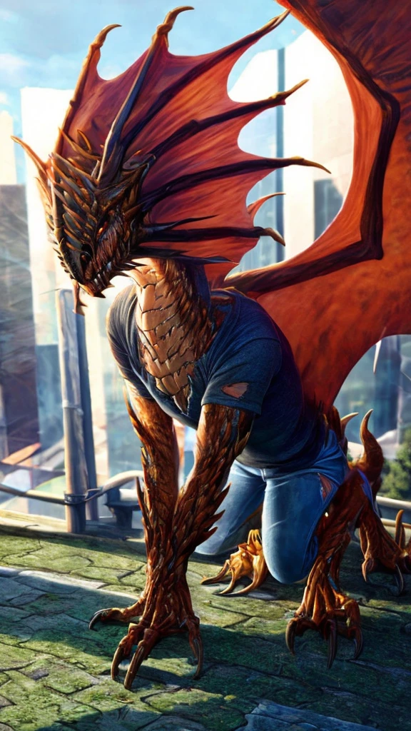a beautiful girl with long brown hair, emma watson, ewt woman, transforming into a dragon, bone dragon, all fours, city street, t-shirt, jeans, clothes ripping, screaming in terror from the pain, photo-realistic, intricate details, dramatic lighting, dark fantasy, cinematic, highly detailed, 8k, award winning, masterpiece, transformation, best quality