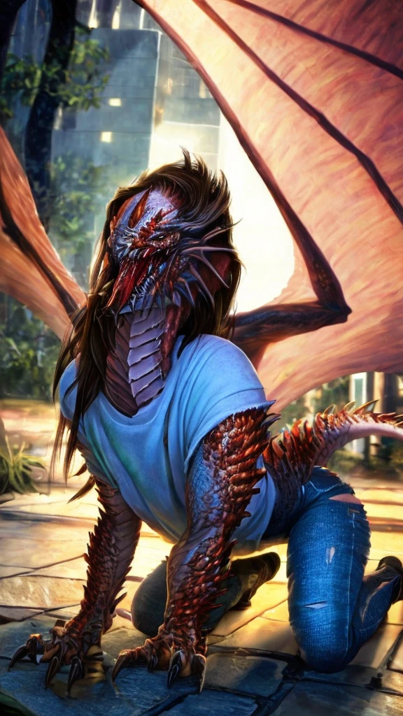 a beautiful girl with long brown hair, emma watson, ewt woman, transforming into a dragon, bone dragon, all fours, city street, t-shirt, jeans, clothes ripping, screaming in terror from the pain, photo-realistic, intricate details, dramatic lighting, dark fantasy, cinematic, highly detailed, 8k, award winning, masterpiece, transformation, best quality