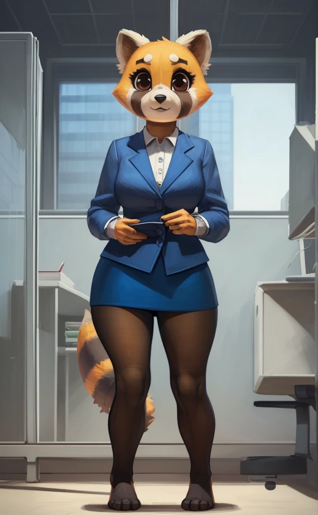 [retsuko], [aggretsuko], [Uploaded to e621.net; (Pixelsketcher), (wamudraws)], ((masterpiece)), ((HD)), ((solo portrait)), ((front view)), ((feet visible)), ((furry; anthro)), ((detailed fur)), ((detailed shading)), ((beautiful render art)), ((intricate details)), {anthro; orange fur, black nose, small brown eyebrows, cute brown eyes, (short eyelashes), raccoon tail, (gorgeous hips), (beautiful legs), (beautiful feet)}, {(office woman), (bikini top), (bikini bottom), (opaque pantyhose),  {(standing), (looking at viewer)}, [background; (cubicles), (white walls), (window), (blue sky), (sun rays)]