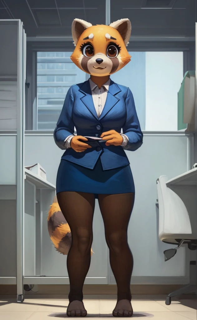 [retsuko], [aggretsuko], [Uploaded to e621.net; (Pixelsketcher), (wamudraws)], ((masterpiece)), ((HD)), ((solo portrait)), ((front view)), ((feet visible)), ((furry; anthro)), ((detailed fur)), ((detailed shading)), ((beautiful render art)), ((intricate details)), {anthro; orange fur, black nose, small brown eyebrows, cute brown eyes, (short eyelashes), raccoon tail, (gorgeous hips), (beautiful legs), (beautiful feet)}, {(office woman), (bikini top), (bikini bottom), (opaque pantyhose),  {(standing), (looking at viewer)}, [background; (cubicles), (white walls), (window), (blue sky), (sun rays)]