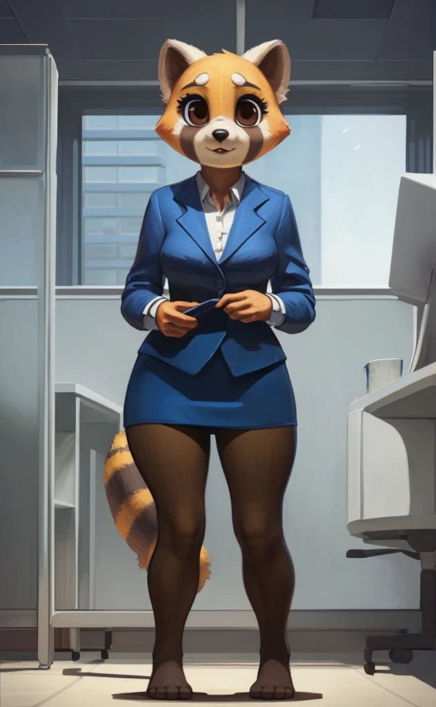 [retsuko], [aggretsuko], [Uploaded to e621.net; (Pixelsketcher), (wamudraws)], ((masterpiece)), ((HD)), ((solo portrait)), ((front view)), ((feet visible)), ((furry; anthro)), ((detailed fur)), ((detailed shading)), ((beautiful render art)), ((intricate details)), {anthro; orange fur, black nose, small brown eyebrows, cute brown eyes, (short eyelashes), raccoon tail, (gorgeous hips), (beautiful legs), (beautiful feet)}, {(office woman), (bikini top), (bikini bottom), (opaque pantyhose),  {(standing), (looking at viewer)}, [background; (cubicles), (white walls), (window), (blue sky), (sun rays)]