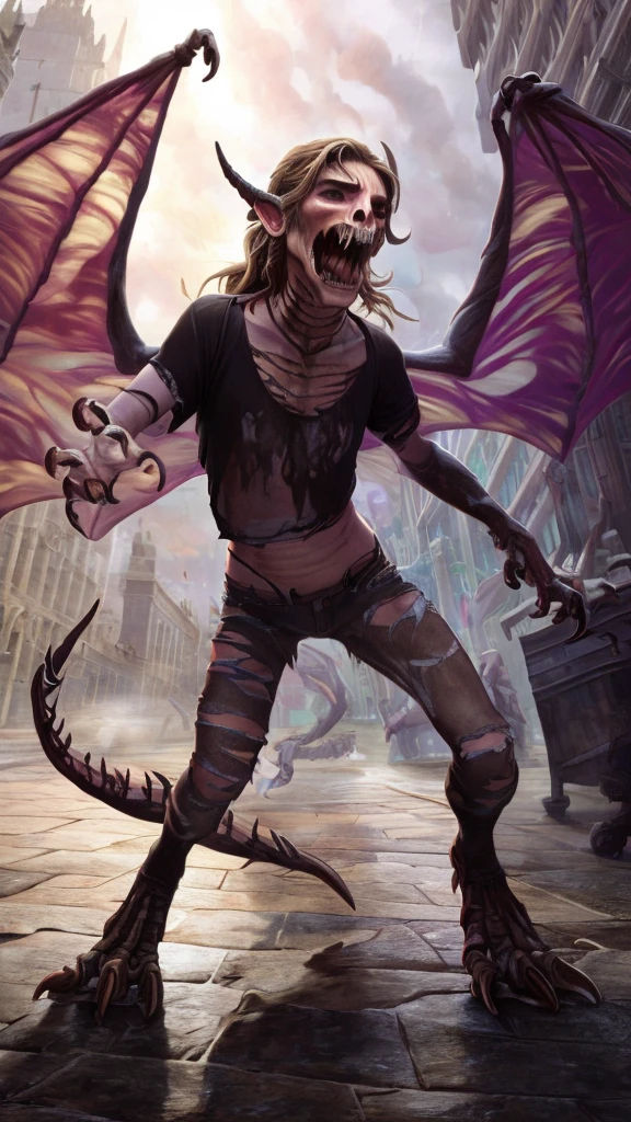 a beautiful girl with long brown hair, emma watson, ewt woman, transforming into a dragon, bone dragon, all fours, city street, t-shirt, jeans, clothes ripping, screaming in terror from the pain, photo-realistic, intricate details, dramatic lighting, dark fantasy, cinematic, highly detailed, 8k, award winning, masterpiece, transformation, best quality
