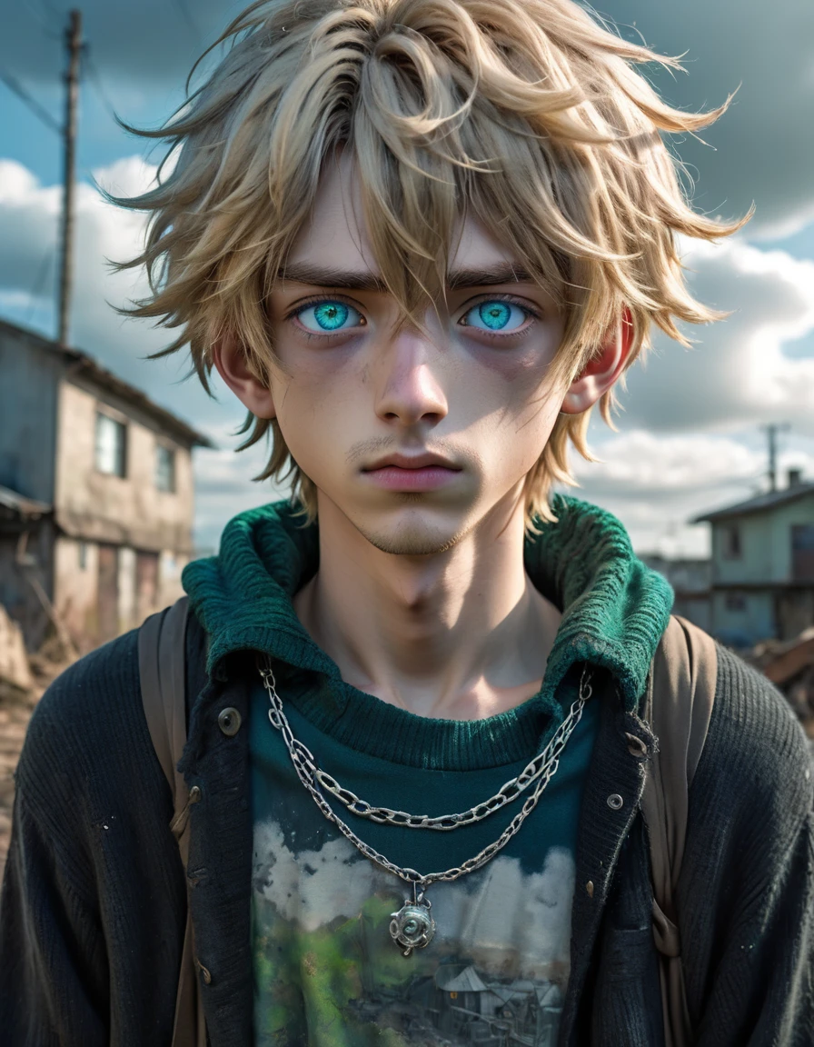 High dynamic range HDR photography of Anime style. Setting: post-apocalyptic settlement: A stunningly ethereal and delicate 18-year-old male is depicted in a full-body shot. His short wavy blond hair cascades around him, framing his exquisite features. Striking blue/green heterochromia eyes. He wears a black long-sleeved wool sweater (camisa de lã preta manga longa) that's too big for him, adding to his otherworldly charm. A delicate silver chain (corrente de prata) adorns his neck. This mesmerizing image, possibly a painting, is rich in detail and radiates a sense of dystopian beauty. Every element, from the man's delicate and soft features to the elaborate design of his shirt, is rendered with impeccable artistry, drawing viewers into a realm of loss and wonder., anime, Realism, anatomically correct, super detail, 4K, photography.