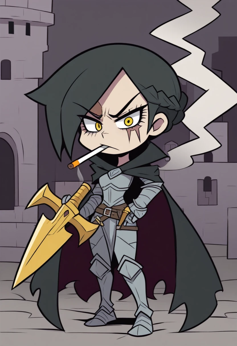 {{full body}} {{Artist: vanripper)}} 1woman, french braid, black hair, golden eyes, looking tired, scar over left eye, armored, black cloak, cape, black cape, looking down at viewer, smoking, dagger at hip, dagger, castle background, dark fantasy, cigarette in mouth, smoke from cigarette, detailed background, cold expression, armored, wearing armor, holding sword, golden sword, magical sword, holding sword in one hand, stern expression