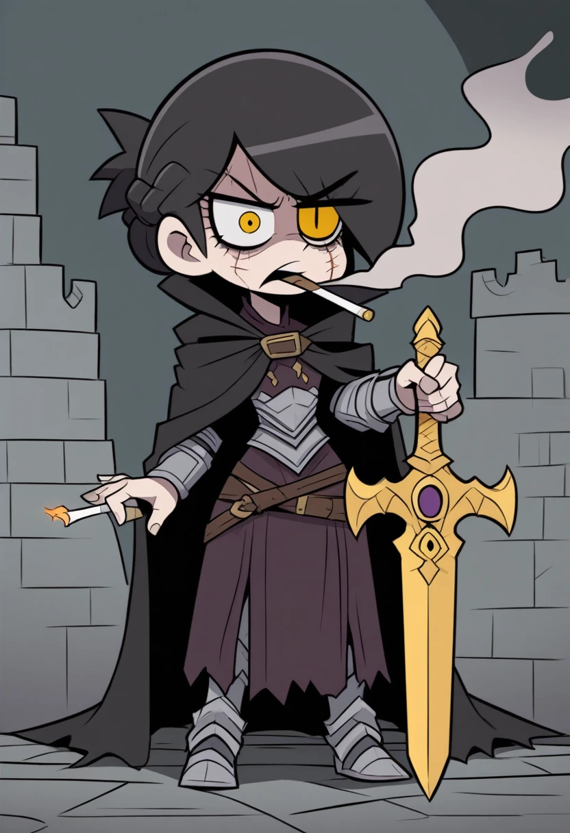 {{full body}} {{Artist: vanripper)}} 1woman, french braid, black hair, golden eyes, looking tired, scar over left eye, armored, black cloak, cape, black cape, looking down at viewer, smoking, dagger at hip, dagger, castle background, dark fantasy, cigarette in mouth, smoke from cigarette, detailed background, cold expression, armored, wearing armor, holding sword, golden sword, magical sword, holding sword in one hand, stern expression