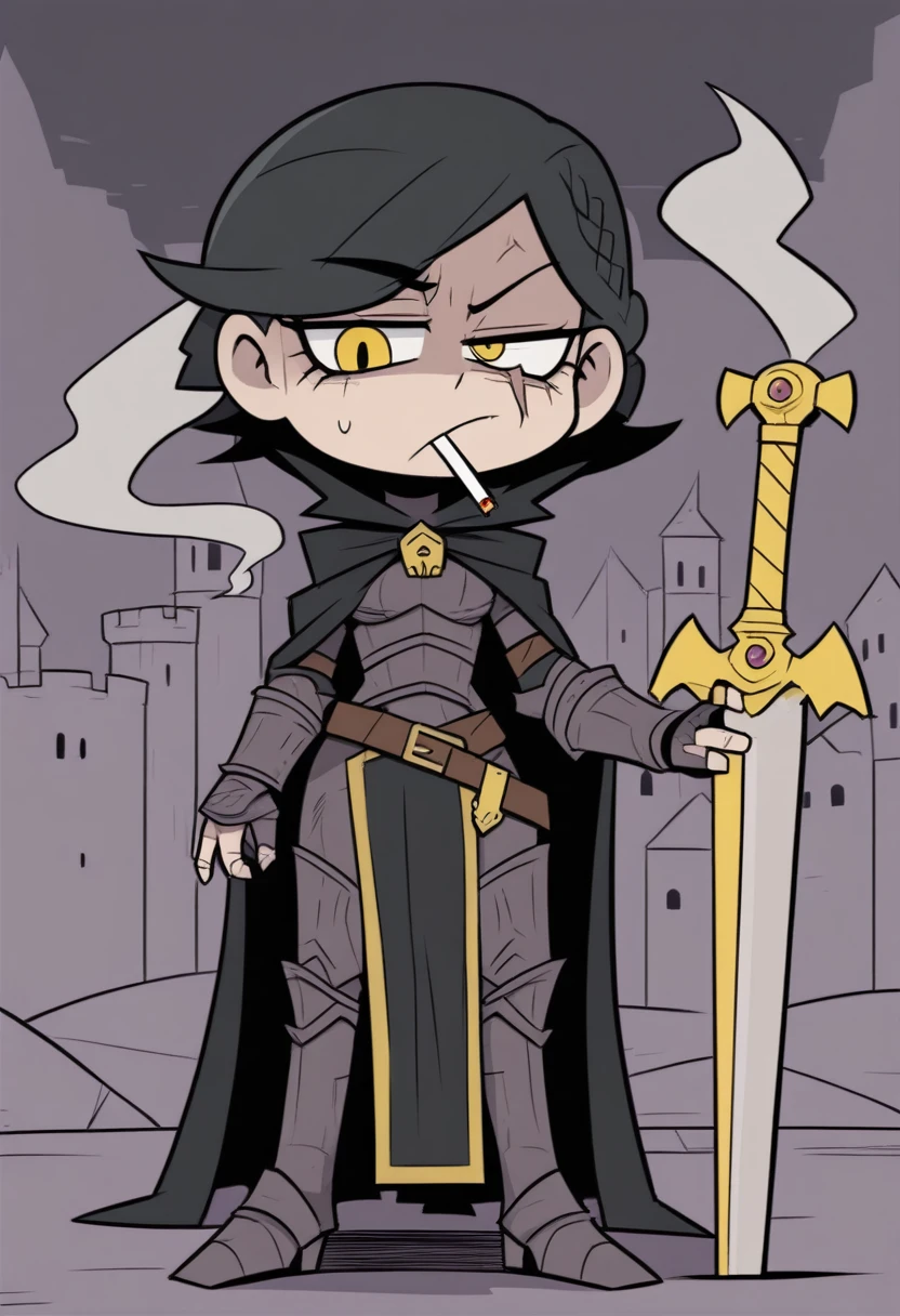 {{full body}} {{Artist: vanripper)}} 1woman, french braid, black hair, golden eyes, looking tired, scar over left eye, armored, black cloak, cape, black cape, looking down at viewer, smoking, dagger at hip, dagger, castle background, dark fantasy, cigarette in mouth, smoke from cigarette, detailed background, cold expression, armored, wearing armor, holding sword, golden sword, magical sword, holding sword in one hand, stern expression