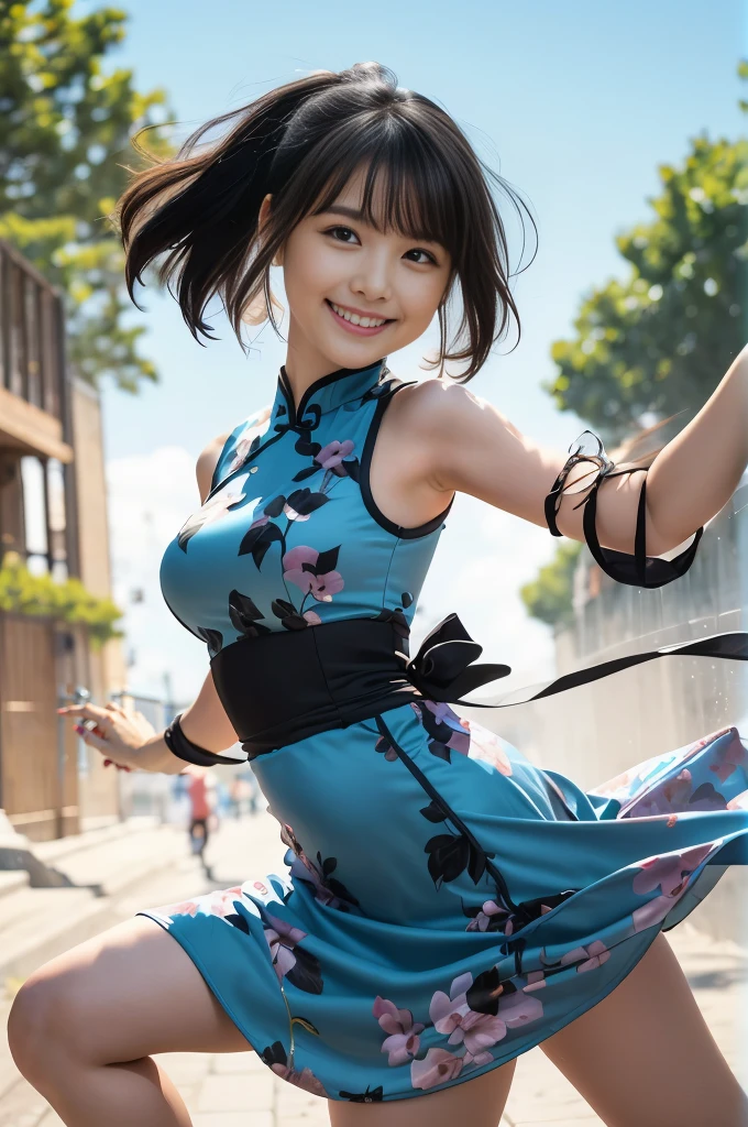 (8K、Raw photography、Highest quality、masterpiece:1.2),(Black Hair、Dark Eyes:1.9),(China dress:1.4)、View your viewers,Front view,White skin,(ponytail:1.3)、(Tight waist:1.6)、(Clothes that accentuate the shape of the :1.0)、(Big BreSlim figure、Ultigh resolution,beautiful,beautiful fece,(One person、No background:1.9),whole bodyボディー,Japanese women,(reality的:1.37)、Photon Mapping,reality、(Baby-faced and cute: 1.4)、(Cute Smile: 1.8)、(Round face: 1.8)、Radio City、Physically Based Rendering、Depth of field rally background、photograph, (I can see your knees、Thigh close-up:1.8),(:1.6),whole body、Great quality