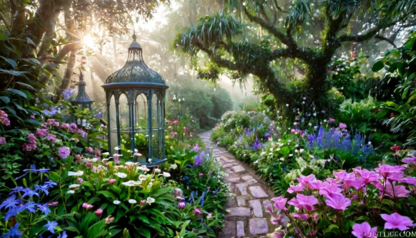 Imagine a breathtaking garden at dawn, where the air is fresh and filled with the scent of thousands of unique and exotic flowers. In this magical garden, each flower is larger than life, with petals that shimmer in iridescent colors not normally found in nature—electric blues, radiant purples, and fiery oranges. These flowers glow softly in the low light, casting an enchanting luminescence that lights up the surrounding foliage. Interspersed among the flowers are delicate, silver-threaded cobwebs, dew-laden and sparkling under the first rays of morning light. The background is a lush, dense forest with mysterious, misty paths leading into the unknown, adding an element of wonder and exploration to the scene. This garden not only showcases the diversity and beauty of floral life but also transports the viewer to a dreamlike world where the beauty of nature is elevated to fantastical proportions.