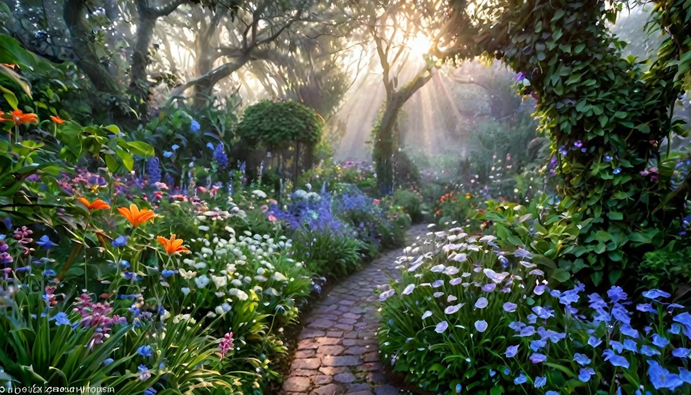 Imagine a breathtaking garden at dawn, where the air is fresh and filled with the scent of thousands of unique and exotic flowers. In this magical garden, each flower is larger than life, with petals that shimmer in iridescent colors not normally found in nature—electric blues, radiant purples, and fiery oranges. These flowers glow softly in the low light, casting an enchanting luminescence that lights up the surrounding foliage. Interspersed among the flowers are delicate, silver-threaded cobwebs, dew-laden and sparkling under the first rays of morning light. The background is a lush, dense forest with mysterious, misty paths leading into the unknown, adding an element of wonder and exploration to the scene. This garden not only showcases the diversity and beauty of floral life but also transports the viewer to a dreamlike world where the beauty of nature is elevated to fantastical proportions.