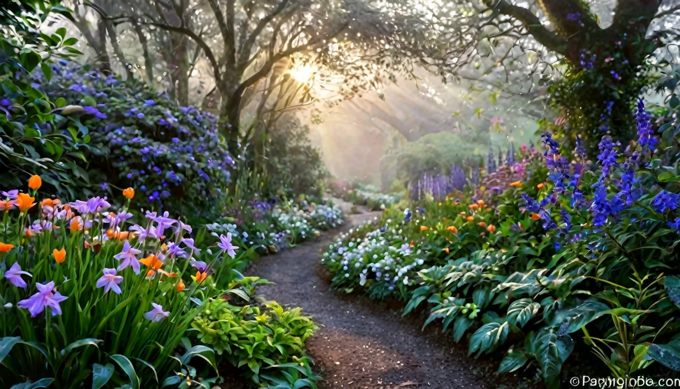 Imagine a breathtaking garden at dawn, where the air is fresh and filled with the scent of thousands of unique and exotic flowers. In this magical garden, each flower is larger than life, with petals that shimmer in iridescent colors not normally found in nature—electric blues, radiant purples, and fiery oranges. These flowers glow softly in the low light, casting an enchanting luminescence that lights up the surrounding foliage. Interspersed among the flowers are delicate, silver-threaded cobwebs, dew-laden and sparkling under the first rays of morning light. The background is a lush, dense forest with mysterious, misty paths leading into the unknown, adding an element of wonder and exploration to the scene. This garden not only showcases the diversity and beauty of floral life but also transports the viewer to a dreamlike world where the beauty of nature is elevated to fantastical proportions.