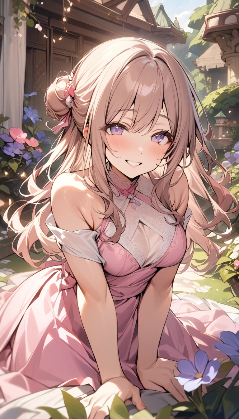 Best Quality, masutepiece, Ultra High Resolution (Photorealistic: 1.4), Raw photo, 1 girl, White Dress, Bare shoulders, A pink flower garden blooms profusely, Glowing skin, slight smile