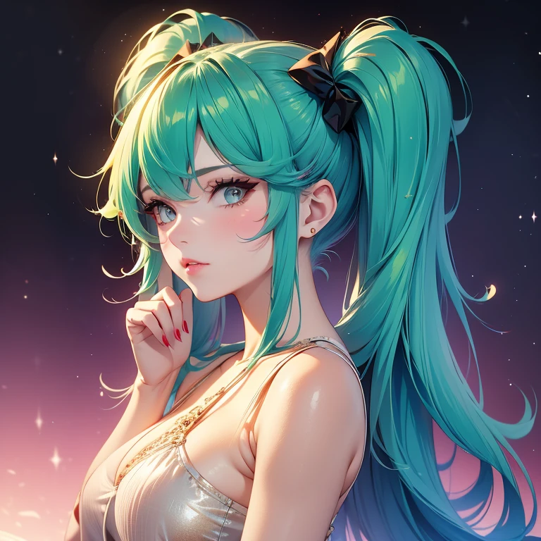 a portrait of a woman who looks very bored, glitter slime dripping from her face, she has long hair with colored streaks, neon lipstick