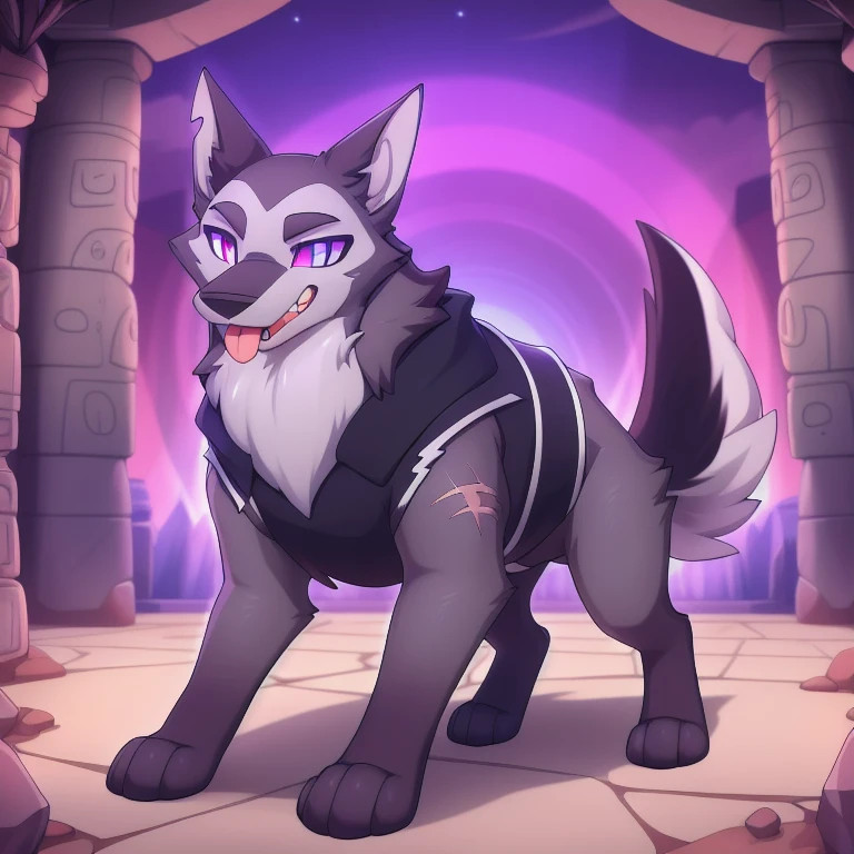 by zinfyu, detailed background, vortex \(helluva boss\), hellhound, grey body, grey fur, vortexgoetia, male, solo, absurd res, digitigrade, scar, tribal clothes, hypnotized with completely spyral glowing purple eyes with no irises or pupils, tongue out, walking on all fours, temple background