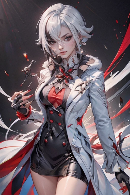 arlecchino(genshin impact), x-shaped pupils, black eyes, red pupils,arlecchino, streaked hair, 1girl, solo, symbol-shaped pupils, x-shaped pupils, hair between eyes, short hair, red pupils, coat, fur trim, fur-trimmed coat, large breasts, gloves, grey hair, black gloves, white coat, jewelry, maid dress, maid apron, maid headdress, sexy girl, large breasts,Arlecchino, Genshin Impact, 1girl solo white hair black hair multicolored hair x-shaped pupils black eyes, 1girl solo white hair black hair multicolored hair x-shaped pupils black eyes arle_suit, masterwork, best quality