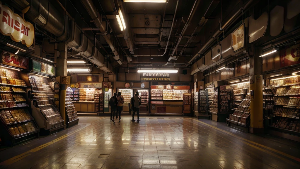 aisles of a convenience store, 7-eleven store, store steampunk, people shopping, Canon, Fujifilm, Wide-Angle, panorama, first-person view, reflection light, ray tracing, 16k, 8k, highres, best quality, award winning, high quality, super detail, high details, masterpiece, accurate