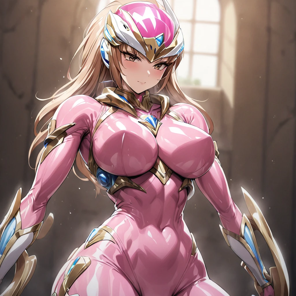 ((Highest quality)), ((masterpiece)), (detailed), (Perfect Face)、The woman is Princess Leona, a Sentai heroine with long light brown hair, wearing a shiny pink bodysuit and a full-face Sentai heroine helmet.