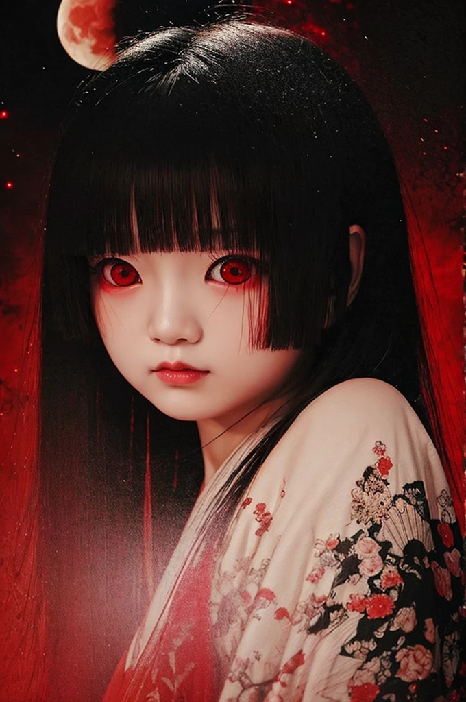 Highest quality、Masterpiece、Highest detail、Japanese Yokai、A naked hell girl floating in the darkness、Bob-haired beautiful girl、Vermilion eyeliner、Glare、Feeling fear、Big Red Moon Background、Multiple exposure dense fog