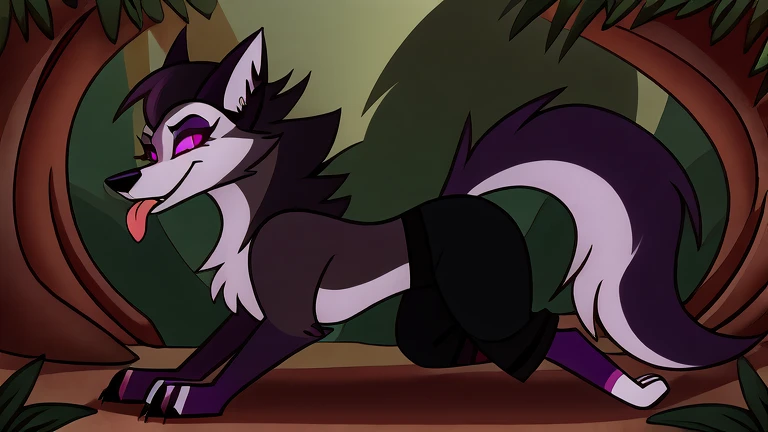 (masterpiece, best quality:1.2), Vortex female feminine hellhound, wolf, furry, helluva boss, glowing purple eyes, tongue out, she wears a black t-shirt with a gray vest with red spikes on the shoulders and black pants. walking on all fours, jungle background, profile picture, full body image
