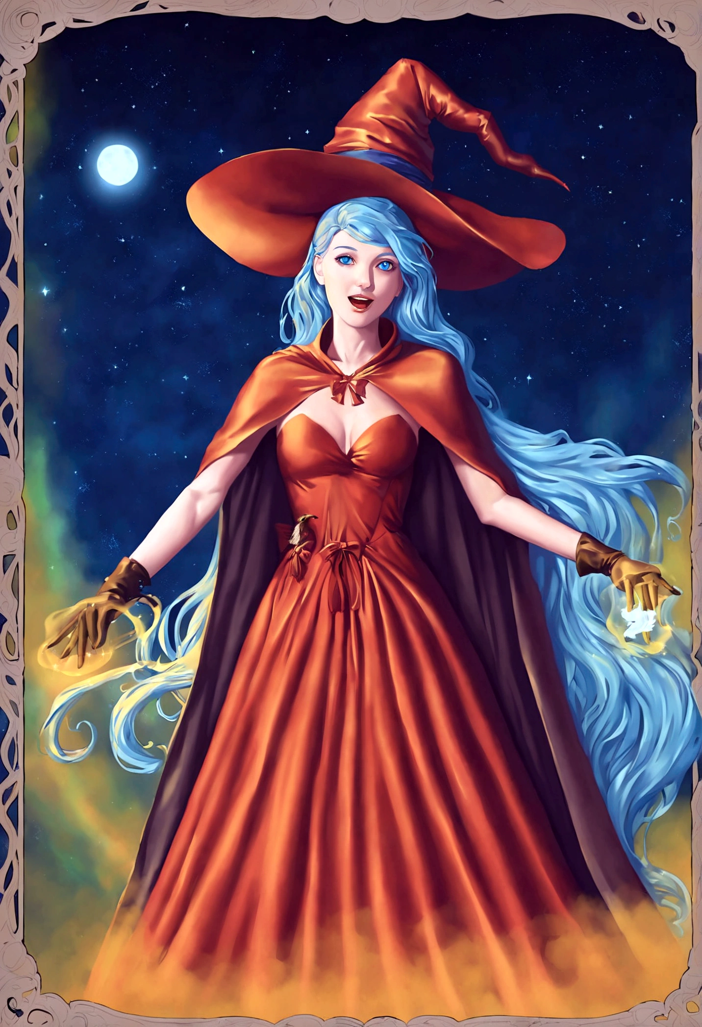 ((masterpiece:1.2, best quality)), 1girl, solo, (witch hat), blonde hair, long hair, dress, aurora, night, star (sky), gloves, sky, white dress, night sky, open mouth, starry sky, blue eyes, ribbon, very long hair, red dress, smile, hair ribbon, cape, blue hair, (bird), magic, casting spell, dark clouds, night, (impressionism:1.4), (tarot:1.3), alphonse mucha,