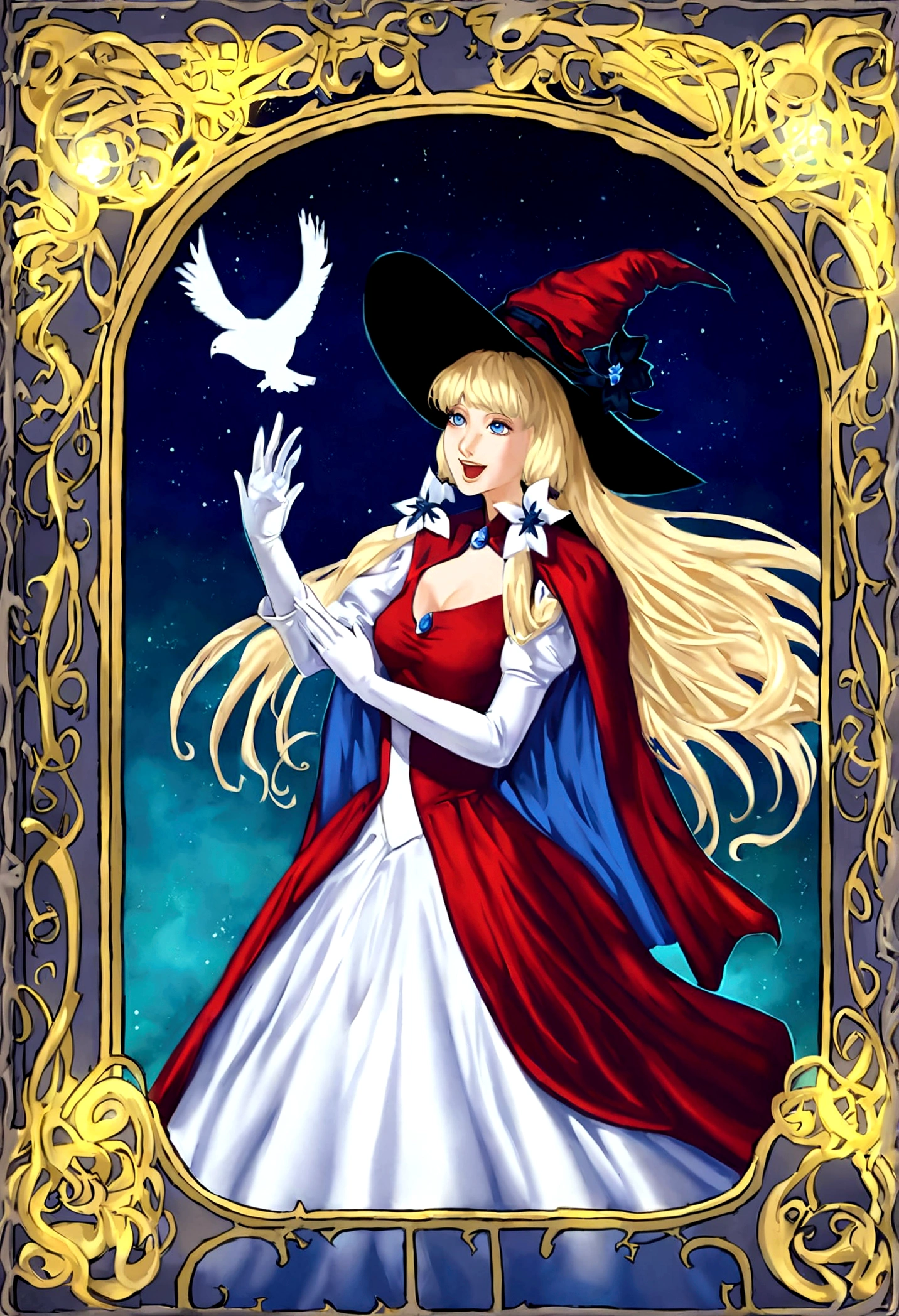 ((masterpiece:1.2, best quality)), 1girl, solo, (witch hat), blonde hair, long hair, dress, aurora, night, star (sky), gloves, sky, white dress, night sky, open mouth, starry sky, blue eyes, ribbon, very long hair, red dress, smile, hair ribbon, cape, blue hair, (bird), magic, casting spell, dark clouds, night, (impressionism:1.4), (tarot:1.3), alphonse mucha,