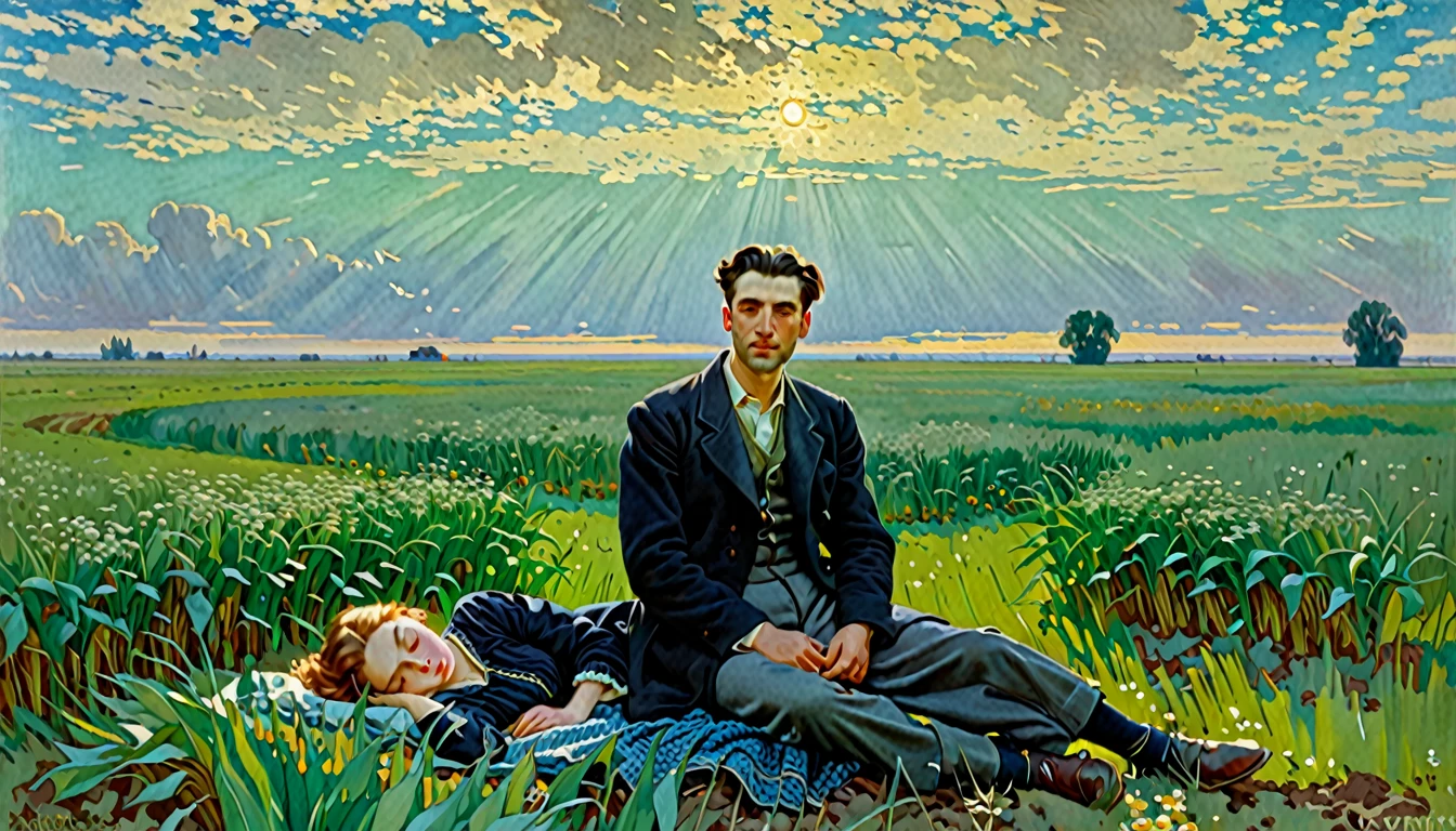 Levine, Konstantin Dmitrievich sad and dreamy in a field