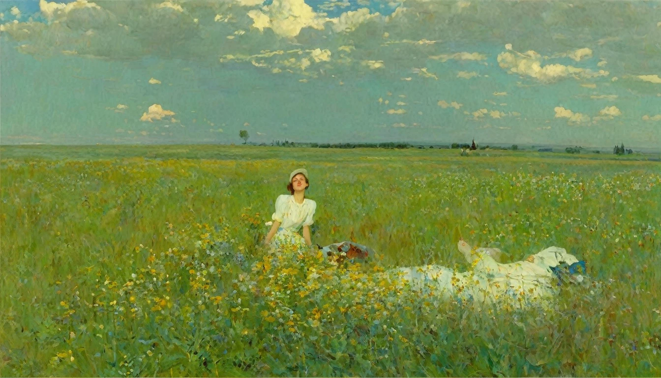 Levine, Konstantin Dmitrievich sad and dreamy in a field