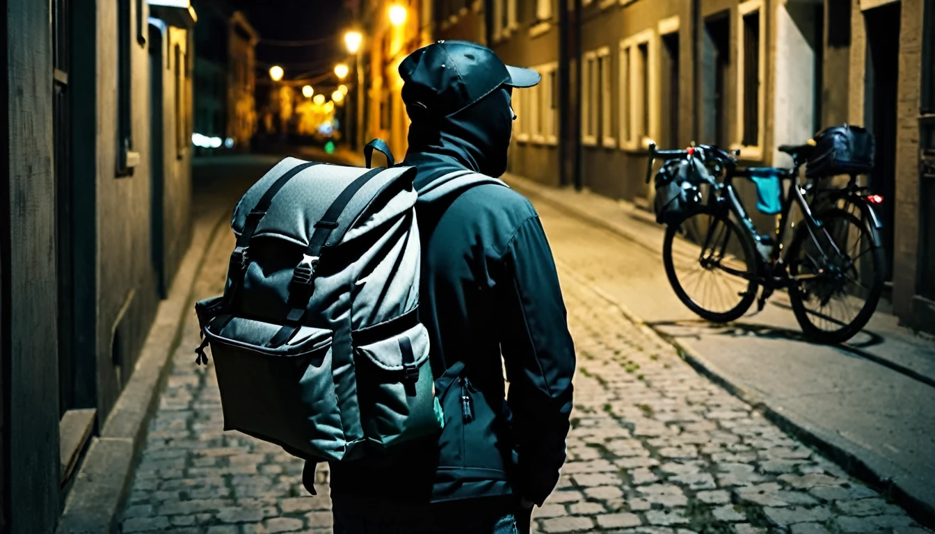 delivery man, backpack on his back, next to the bicycle, backpack on his back, dark street, sinister night