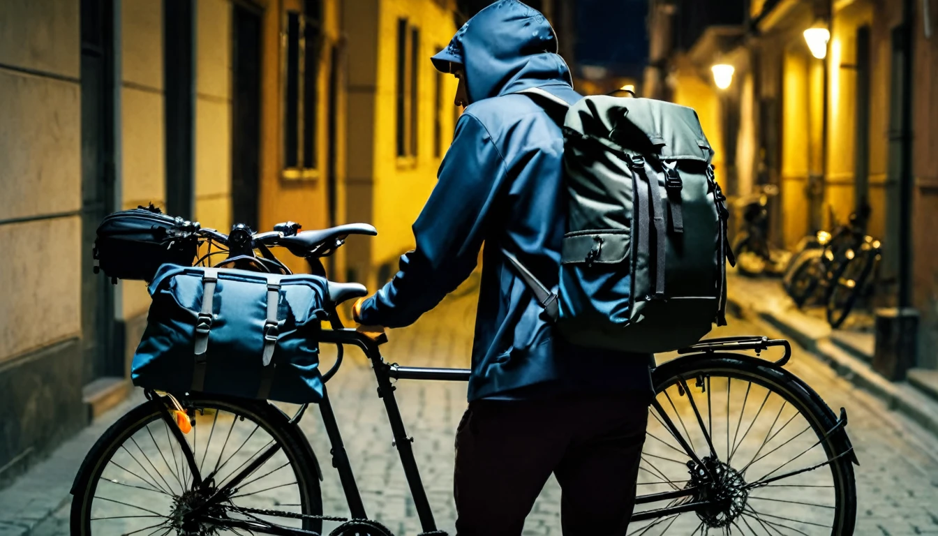 delivery man, backpack on his back, next to the bicycle, backpack on his back, dark street, sinister night