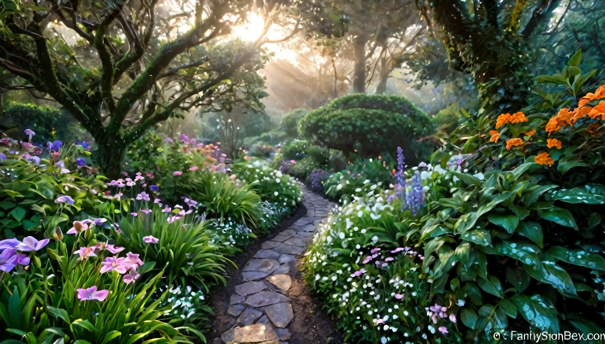 Imagine a breathtaking garden at dawn, where the air is fresh and filled with the scent of thousands of unique and exotic flowers. In this magical garden, each flower is larger than life, with petals that shimmer in iridescent colors not normally found in nature—electric blues, radiant purples, and fiery oranges. These flowers glow softly in the low light, casting an enchanting luminescence that lights up the surrounding foliage. Interspersed among the flowers are delicate, silver-threaded cobwebs, dew-laden and sparkling under the first rays of morning light. The background is a lush, dense forest with mysterious, misty paths leading into the unknown, adding an element of wonder and exploration to the scene. This garden not only showcases the diversity and beauty of floral life but also transports the viewer to a dreamlike world where the beauty of nature is elevated to fantastical proportions.