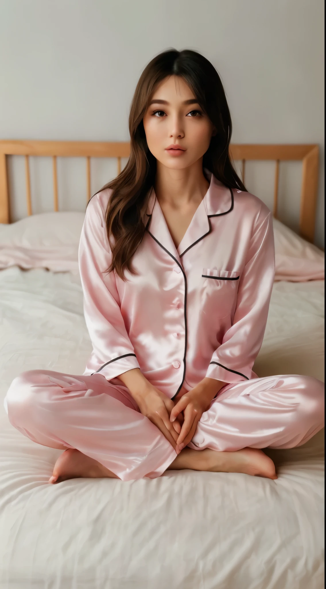 (highest quality, Tabletop, Ultra HD: 1.3), One Girl, Mid-breasted, Light brown hair, Blunt bangs, Hair behind the ear, Hair that falls over the shoulders, Long Hair, Slim figure, Ultra-fine face, Delicate lips, Beautiful Eyes, Light blush, eyes are light brown, Perfect glowing skin, Perfect Skin, Shining Sweat, Have a look at this, Ultra-thin needle, Very thin fingers, The optimal ratio is four fingers to one thumb, (Realistic:1.3), Finger extension, ,Supermodel Legs, Eye-level shot, 8k,Light pink silk pajamas with collar,Sitting in the center of the bed with knees hugged