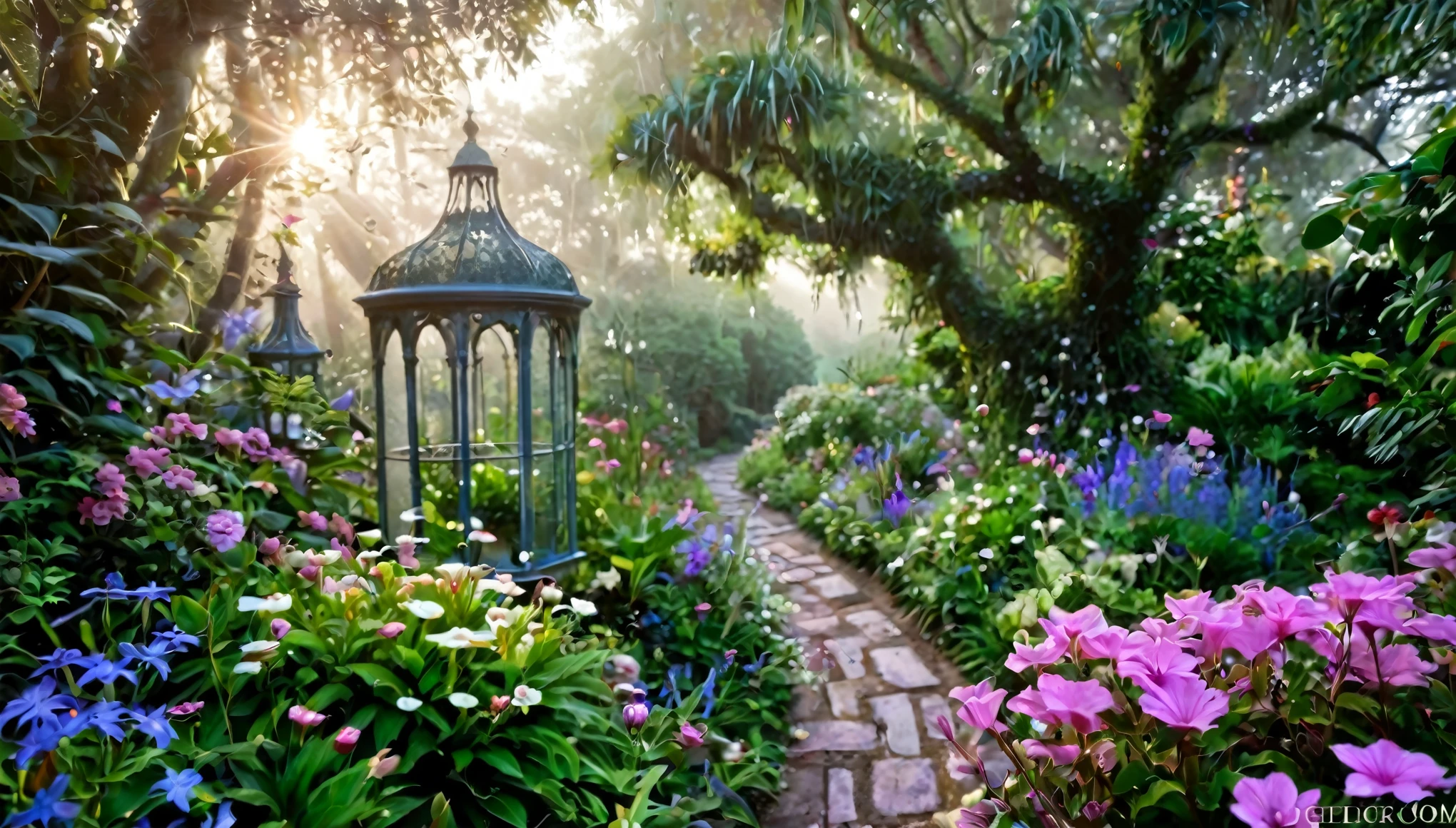 Imagine a breathtaking garden at dawn, where the air is fresh and filled with the scent of thousands of unique and exotic flowers. In this magical garden, each flower is larger than life, with petals that shimmer in iridescent colors not normally found in nature—electric blues, radiant purples, and fiery oranges. These flowers glow softly in the low light, casting an enchanting luminescence that lights up the surrounding foliage. Interspersed among the flowers are delicate, silver-threaded cobwebs, dew-laden and sparkling under the first rays of morning light. The background is a lush, dense forest with mysterious, misty paths leading into the unknown, adding an element of wonder and exploration to the scene. This garden not only showcases the diversity and beauty of floral life but also transports the viewer to a dreamlike world where the beauty of nature is elevated to fantastical proportions.