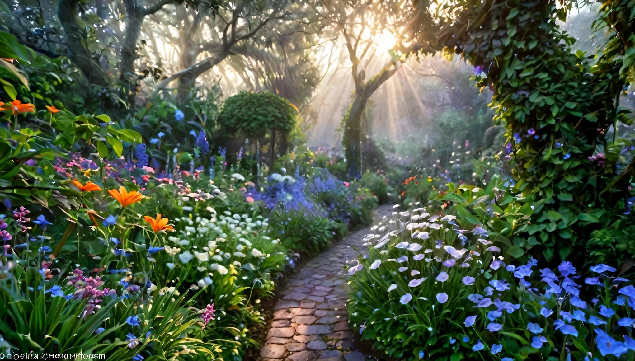 Imagine a breathtaking garden at dawn, where the air is fresh and filled with the scent of thousands of unique and exotic flowers. In this magical garden, each flower is larger than life, with petals that shimmer in iridescent colors not normally found in nature—electric blues, radiant purples, and fiery oranges. These flowers glow softly in the low light, casting an enchanting luminescence that lights up the surrounding foliage. Interspersed among the flowers are delicate, silver-threaded cobwebs, dew-laden and sparkling under the first rays of morning light. The background is a lush, dense forest with mysterious, misty paths leading into the unknown, adding an element of wonder and exploration to the scene. This garden not only showcases the diversity and beauty of floral life but also transports the viewer to a dreamlike world where the beauty of nature is elevated to fantastical proportions.