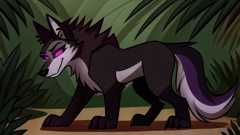 (masterpiece, best quality:1.2), Vortex female feminine hellhound, wolf, furry, helluva boss, glowing purple eyes, he wears a black t-shirt with a gray vest with red spikes on the shoulders and black pants, walking on all fours, bowed before his master, jungle background, profile picture, full body image