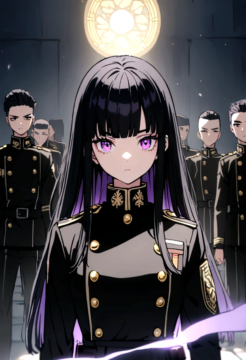 Screenshot of the tokyo revengers girl long straight black hair with some violet highlights without bangs she has violet eyes with the uniform in the background the gang in the background