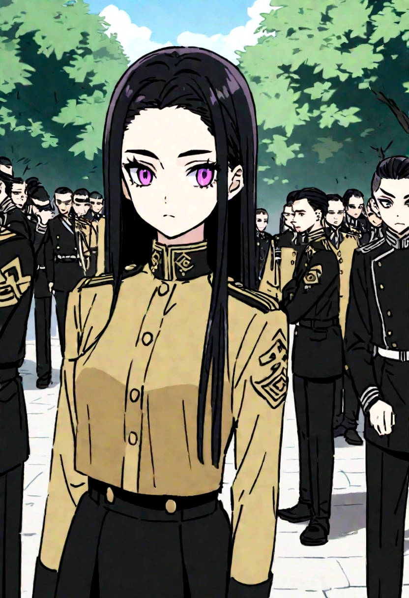 Screenshot of the tokyo revengers girl long straight black hair with some violet highlights without bangs she has violet eyes with the uniform in the background the gang in the background