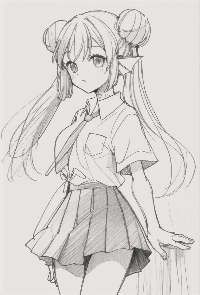 1 ,draw line,monochrome,(sketch:1.5、pattern),drawing board,traditional media, 1girl,20 years old,solo,long hair,white hair,finana,twintails,double bun,(white shirt,short sleeves,standart tie,skirt),(white background,sketch),Mid-ground character