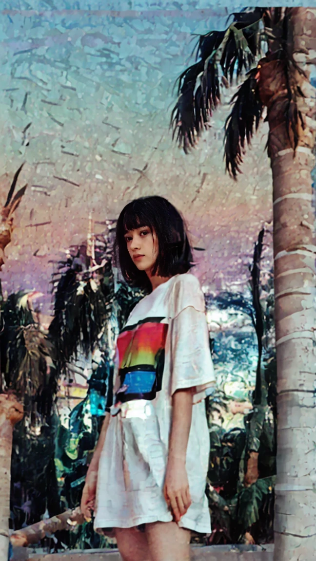﻿Best Quality, Masterpiece,Ultra High Resolution, (Realisticity:1.4),Original Photo, 1 Girl, light leak,dark intens shadow,wear (blank white untucked t-shirt),black bob hairstyles background (80's mondrian architecture colourful motel),palm trees, sunny,summer, los Angles vibes,(from below:1.2), (realistic:1.1), (surreal:1.2), (very detailed:1.1)