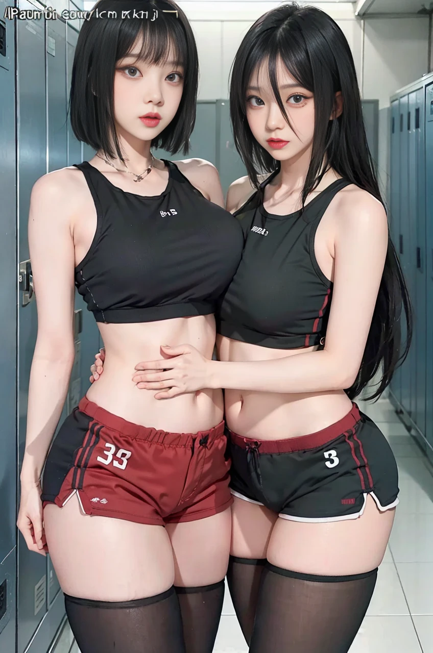 Top image quality、Raw photography、超A high resolution、Cute girl at 18 years old、Shooting for one person only、round breast、Black tank top、short trousers of black color、Beautiful Eyes of Details、very elongated eyes、Beautiful eyelashes、Beautiful double eyelids、white walls、Beautiful waist、very slender legs、a short bob、slender physique