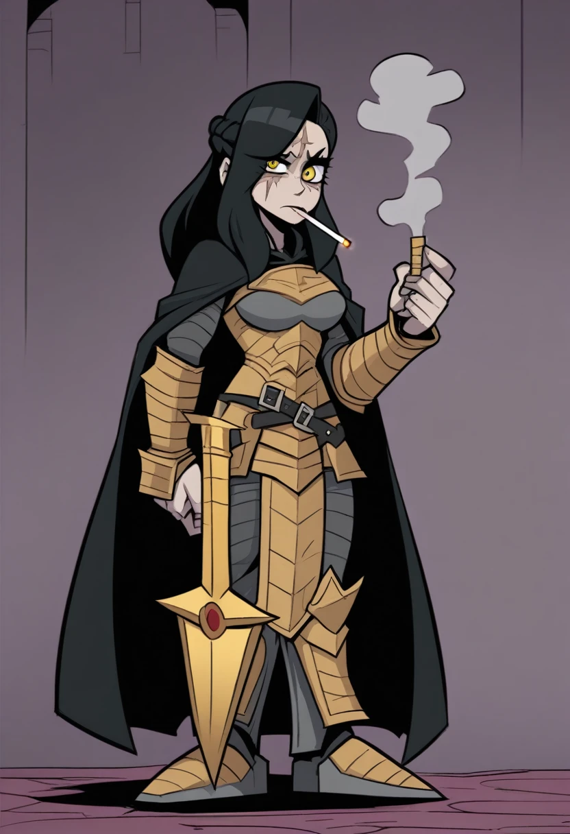{{full body, realistic}} {{Artist: vanripper)}} 1woman, mature woman, french braid, long hair, muscular, tall, black hair, golden eyes, looking tired, scar over left eye, armored, black cloak, cape, black cape, looking down at viewer, smoking, dagger at hip, dagger, castle background, dark fantasy, cigarette in mouth, smoke from cigarette, detailed background, cold expression, armored, wearing armor, holding sword, golden sword, magical sword, holding sword in one hand, stern expression,