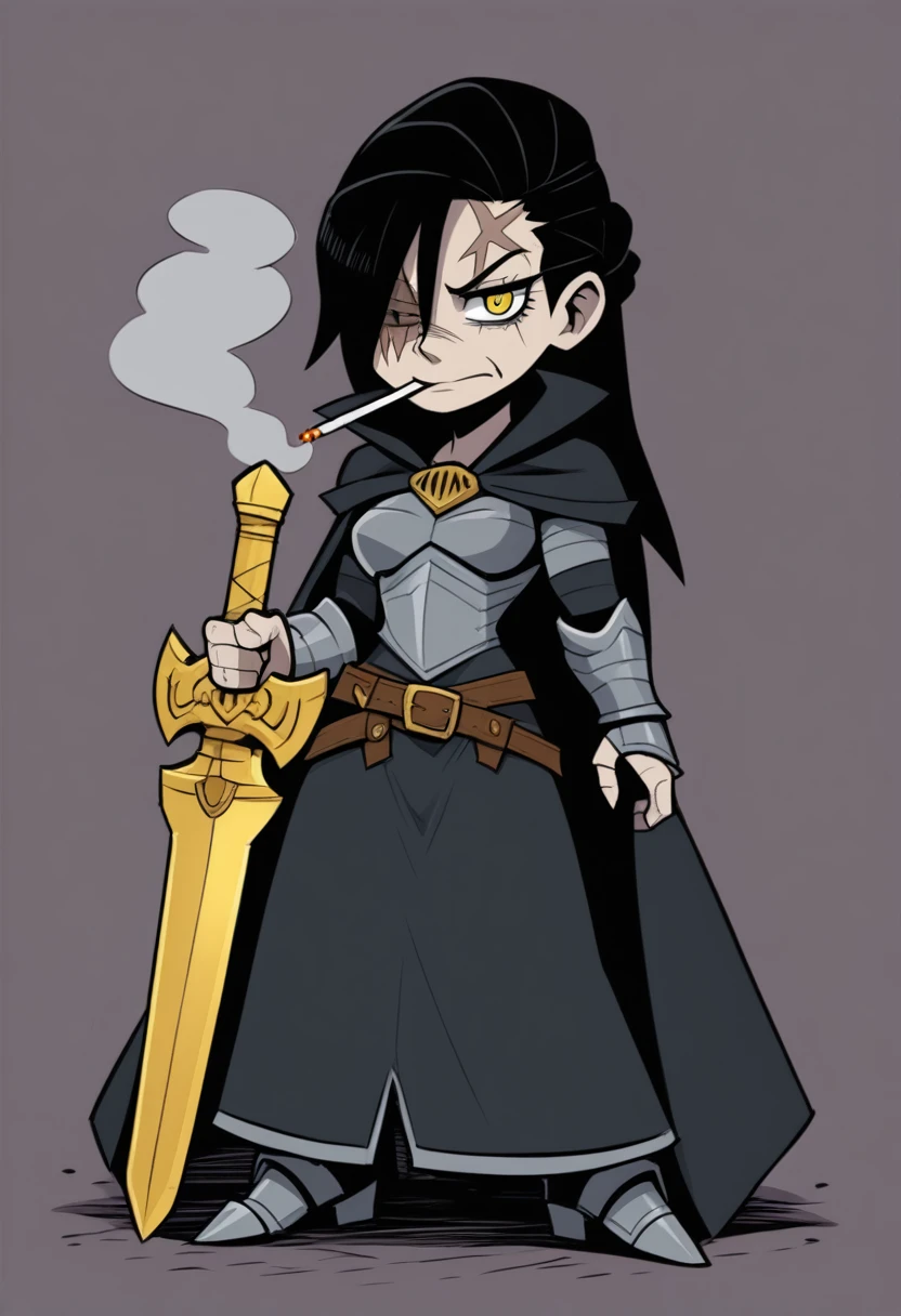 {{full body, realistic}} {{Artist: vanripper)}} 1woman, mature woman, french braid, long hair, muscular, tall, black hair, golden eyes, looking tired, scar over left eye, armored, black cloak, cape, black cape, looking down at viewer, smoking, dagger at hip, dagger, castle background, dark fantasy, cigarette in mouth, smoke from cigarette, detailed background, cold expression, armored, wearing armor, holding sword, golden sword, magical sword, holding sword in one hand, stern expression, 