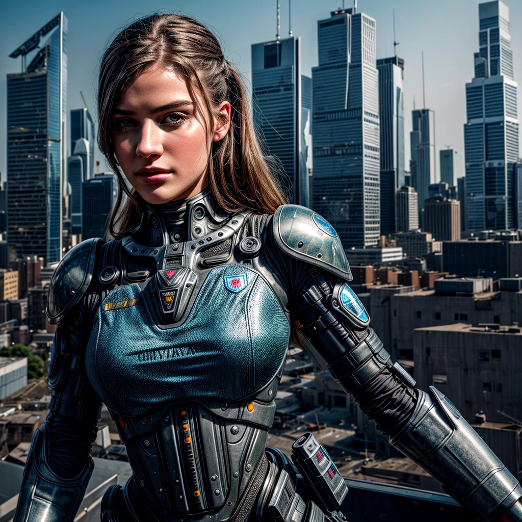 beautiful detailed young cyborg girl:1.2, (highly detailed futuristic cityscape:1.2), (military:1.2), professional portrait photography, ukraine military, assault rifle