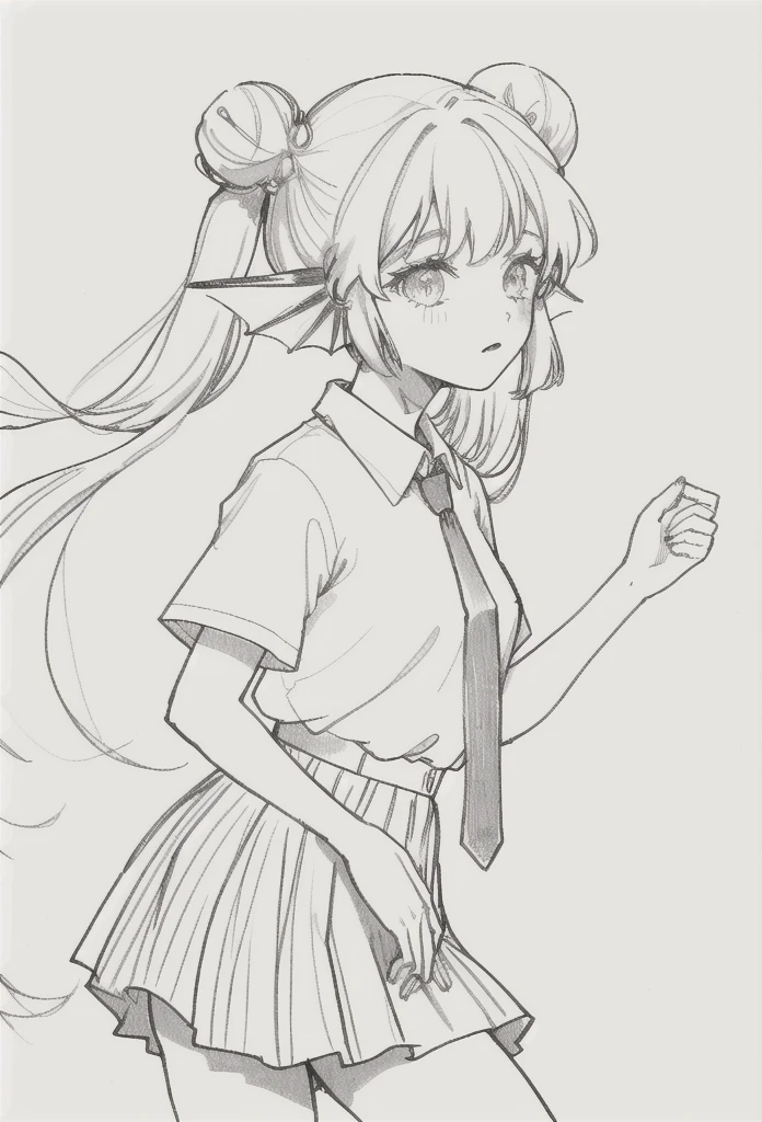 1 ,draw line,monochrome,(sketch:1.5、pattern),drawing board,traditional media, 1girl,20 years old,solo,long hair,white hair,finana,twintails,double bun,(white shirt,short sleeves,standart tie,skirt),(white background,sketch),Mid-ground character