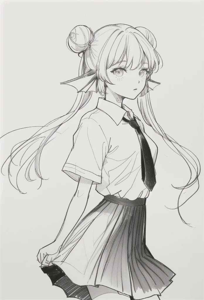 1 ,draw line,monochrome,(sketch:1.5、pattern),drawing board,traditional media, 1girl,20 years old,solo,long hair,white hair,finana,twintails,double bun,(white shirt,short sleeves,standart tie,skirt),(white background,sketch),Mid-ground character