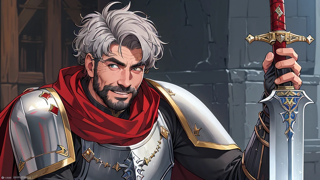 (First job: 1.1), (Better quality: 1.1), Very detailed, (Original design: 1.1), (Unique accessories: 1.1), (Medieval fantasy: 1.1), Professionally retouched, (close up: 1.1), portrait, noon, (Masculine: 1.1) knight, Sword and Shield, Heavy Armor, (Saint: 1.2), (神Saint的: 1.2), (old: 1.3), Smile, Red Cape, Gray short hair,