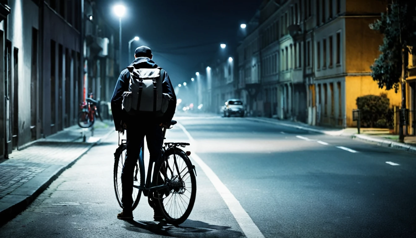 delivery man, backpack on his back, next to his bicycle, sinister street, dark night