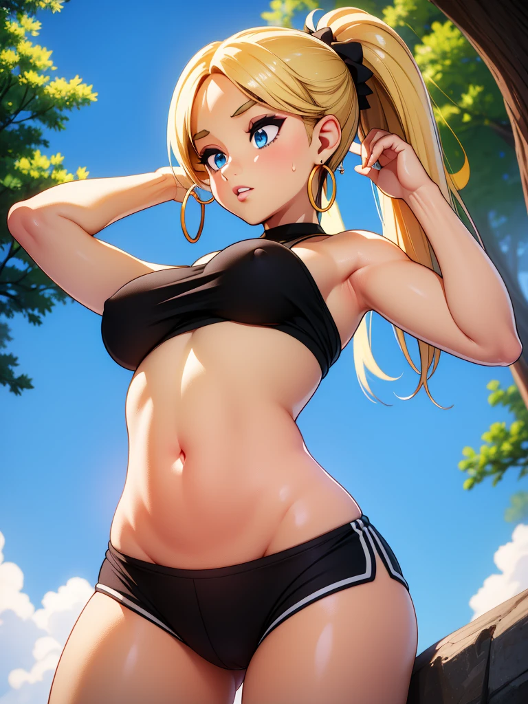 looking away,1girl,arms behind head,arms up,blonde hair,breasts,curvy,earrings,evening,eyelashes,eyeshadow,from below,hoop earrings,huge breasts,jewelry,jogging,long hair,makeup,navel,outdoors,parted lips,ponytail,shiny skin,short shorts,shorts,sidelocks,signature,sky,steam,steaming body,stomach,sweat,tree,underboob,wide hips,sem,roupa)(peito,seios)(bicos de peito)amostra (camiseta transparente)((cor de pele)) ((black))
