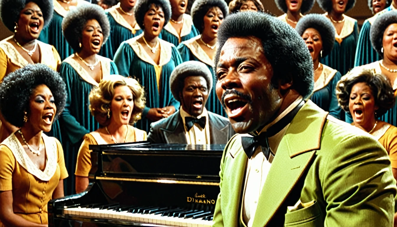 1970s tv show, African-American man named "Luther Diamond" playing piano while surrounded by a singing choir, cinematic action, masterpiece, super detail, textured skin, atmospheric perspective,